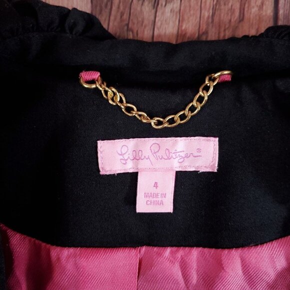 Lilly Pulitzer Size 4 Kelli Black Long Belted Trench Coat Jacket Ruffles Collar - Picture 10 of 16